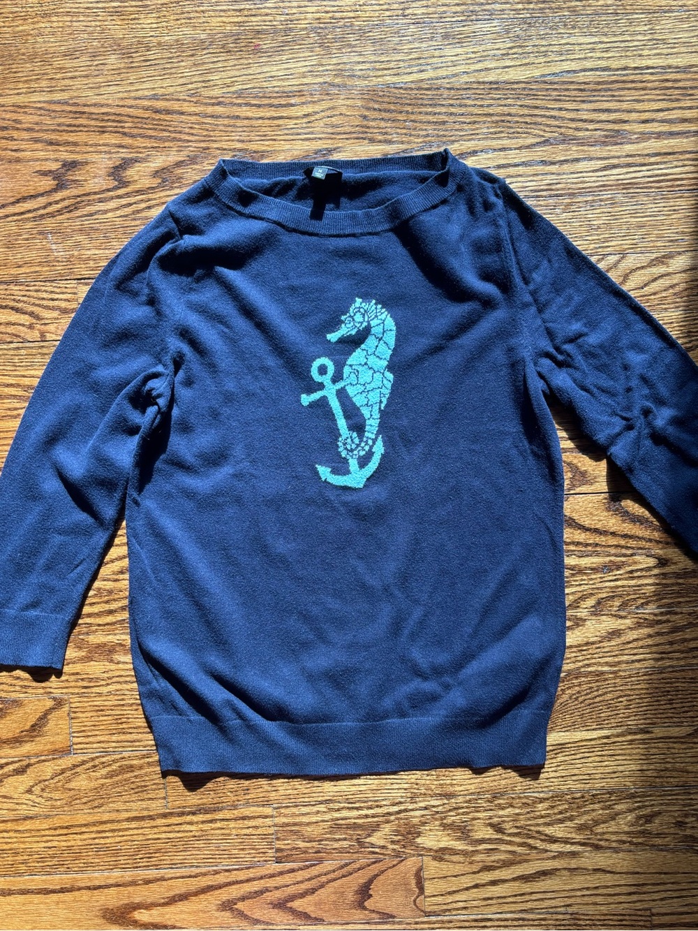 Talbots Navy Crewneck Sweater with Teal Seahorse Graphic